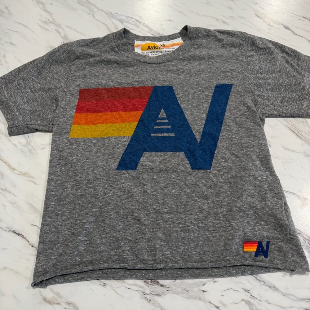 Aviator Nation heather Gray Tee with Multicolor Logo
